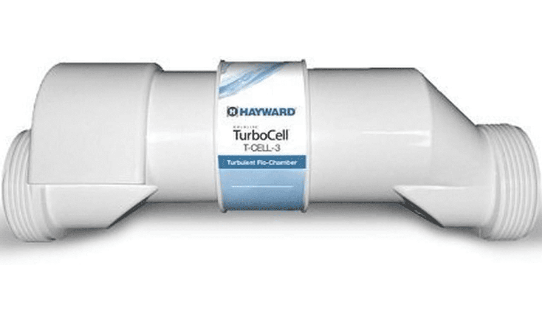 A Hayward W3T-CELL-3 TurboCell salt chlorination cell for in-ground swimming pools up to 15,000 gallons, featuring a central translucent blue chlorination cell and white end caps.